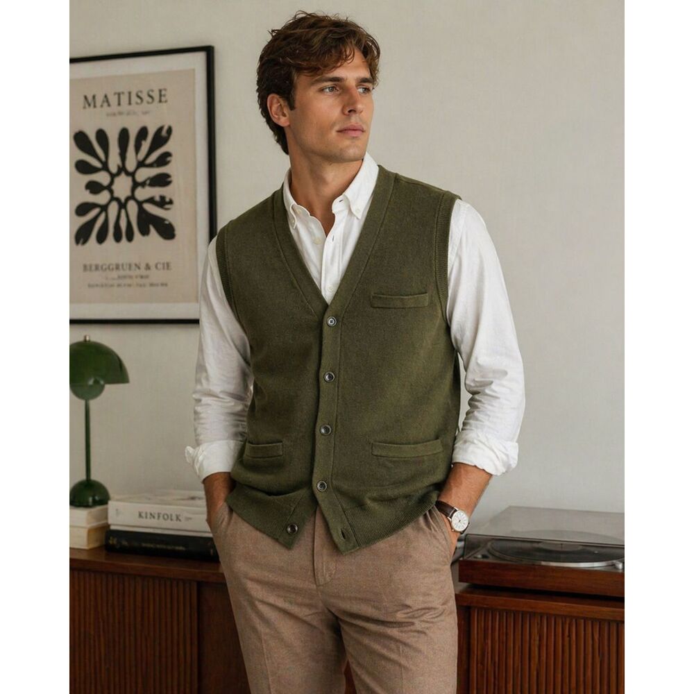 Banana Republic Mens Sweater Vest Olive Green Button Up Knit Preppy Classic M